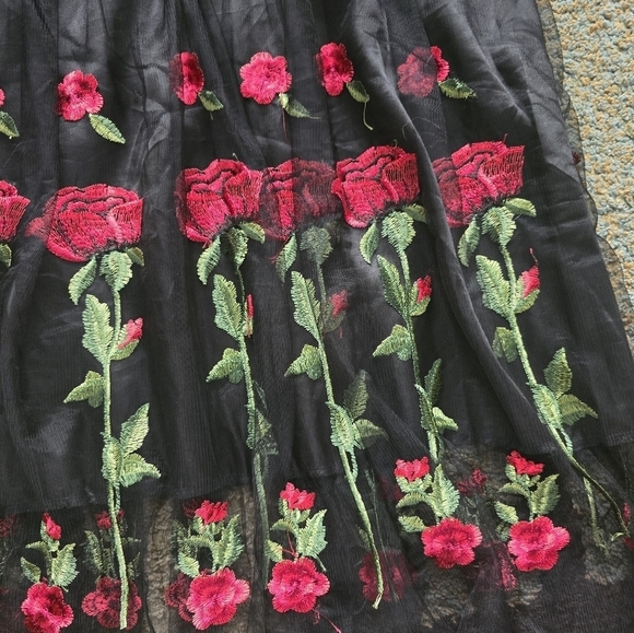 Roiii Off Shoulder Sheer Dress Womens Black & Roses 1950s Whimsgoth New - Picture 6 of 16